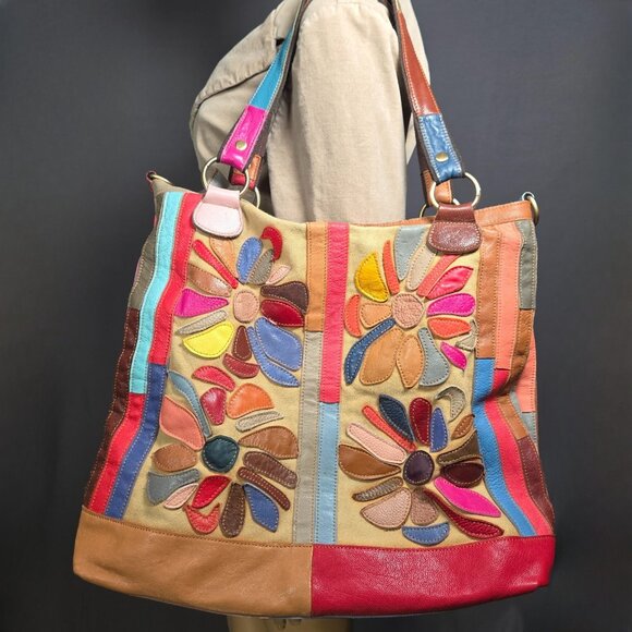 Boho Patchwork Leather Bag Studded Large Canvas Shoulder Handbag Tote Colorful - Picture 7 of 14